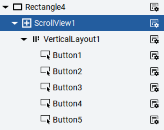 FT Optix project tree showing Parent Component containing a Scroll View with a Vertical Layout container