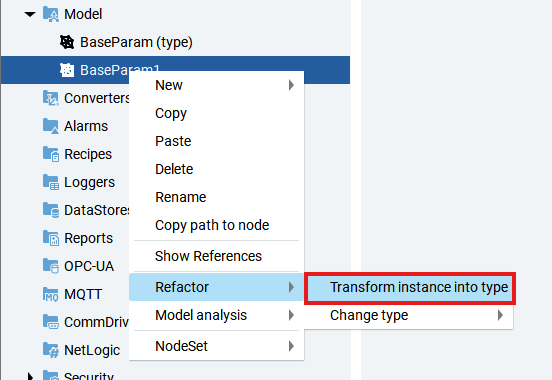 FT Optix right-click context menu showing the Transform Instance into Type option for converting an object to a reusable type