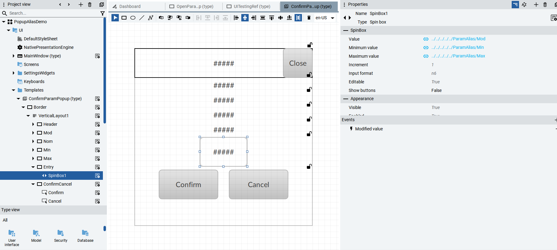 FT Optix SpinBox properties panel showing Value and MaxValue bound to the ParamAlias alias in the popup dialog