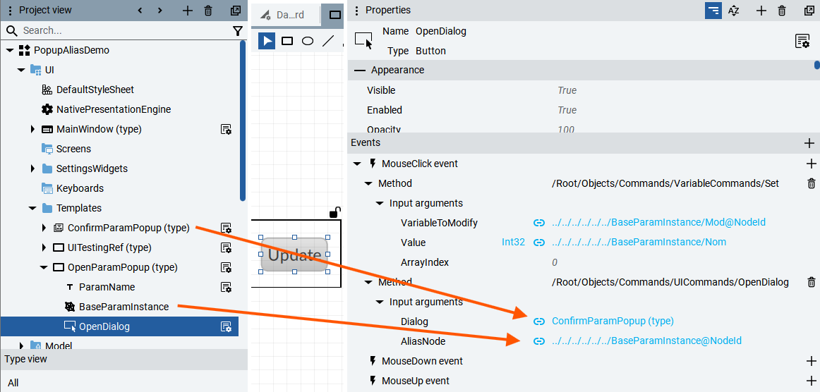 Reusable Popup Templates in Optix with Alias Passing